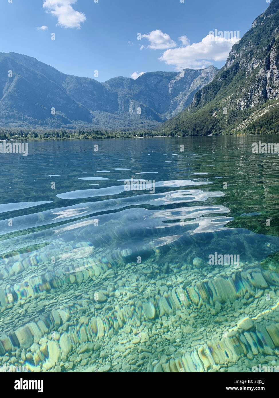 Blick auf das klare Wasser und die Berge des bohinjer Sees Stockfoto