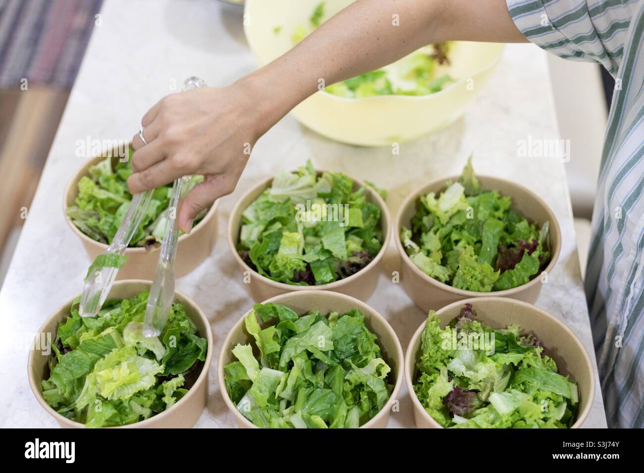 Lunchboxen:von einem Caterer für Büroangestellte vorbereitet, beginnend mit grünen Blättern Stockfoto