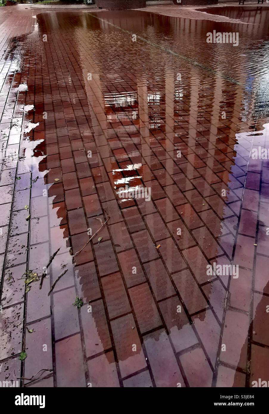 Spiegelung im Regenpaddel des barbican Anwesens London Stockfoto