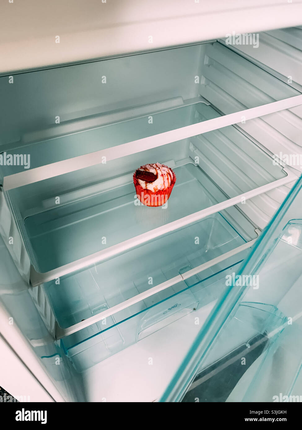 Ein Cupcake auf einem Regal im Kühlschrank Stockfoto