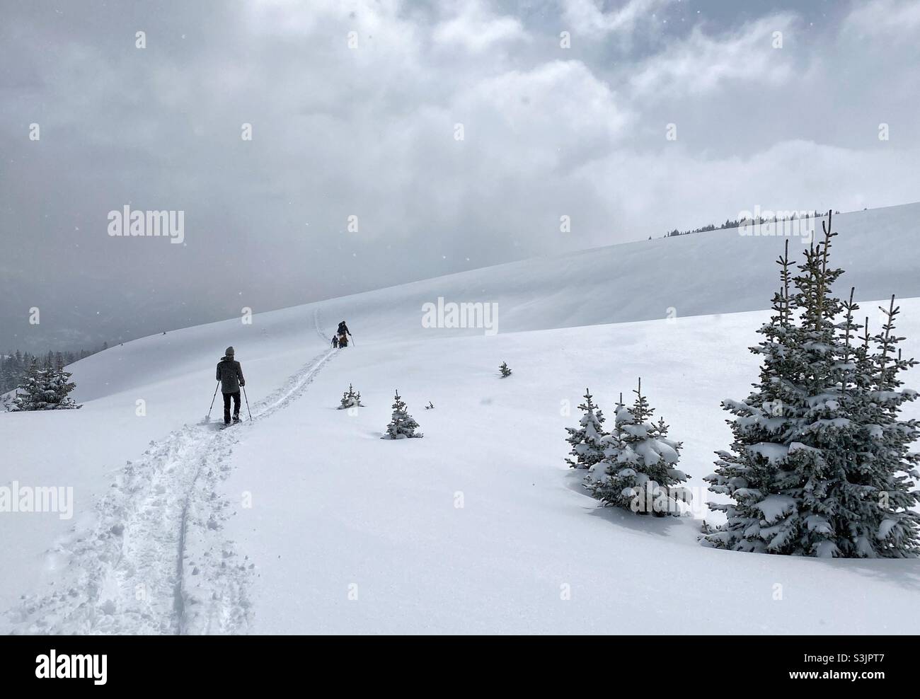 Eine Gruppe von Leuten, die am Morgen nach Neuschnee im Frühjahr in den Rocky Mountains, Vail, Colorado, USA, Schneeschuhe auf einen Berg wandern - Smartphone-aufgenommenes Stockfoto