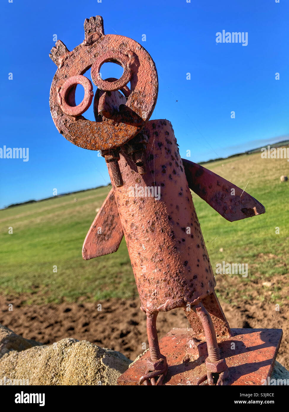 Eulenskulptur an einer Wand auf der National Cycle Network Route 1 Stockfoto
