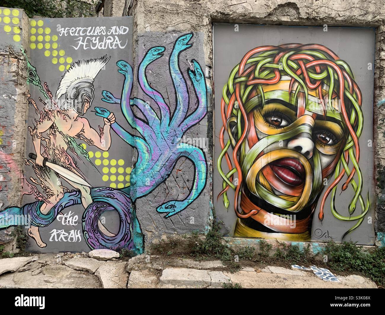 Graffiti der griechischen Mythologie in Athens anafiotika Stockfoto