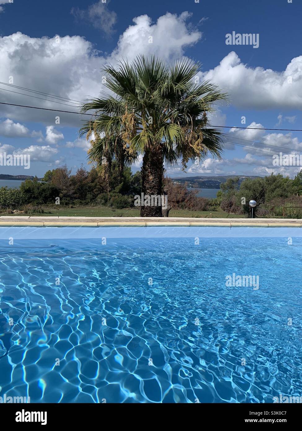 Schwimmbad mit Palmen in Griechenland Stockfoto