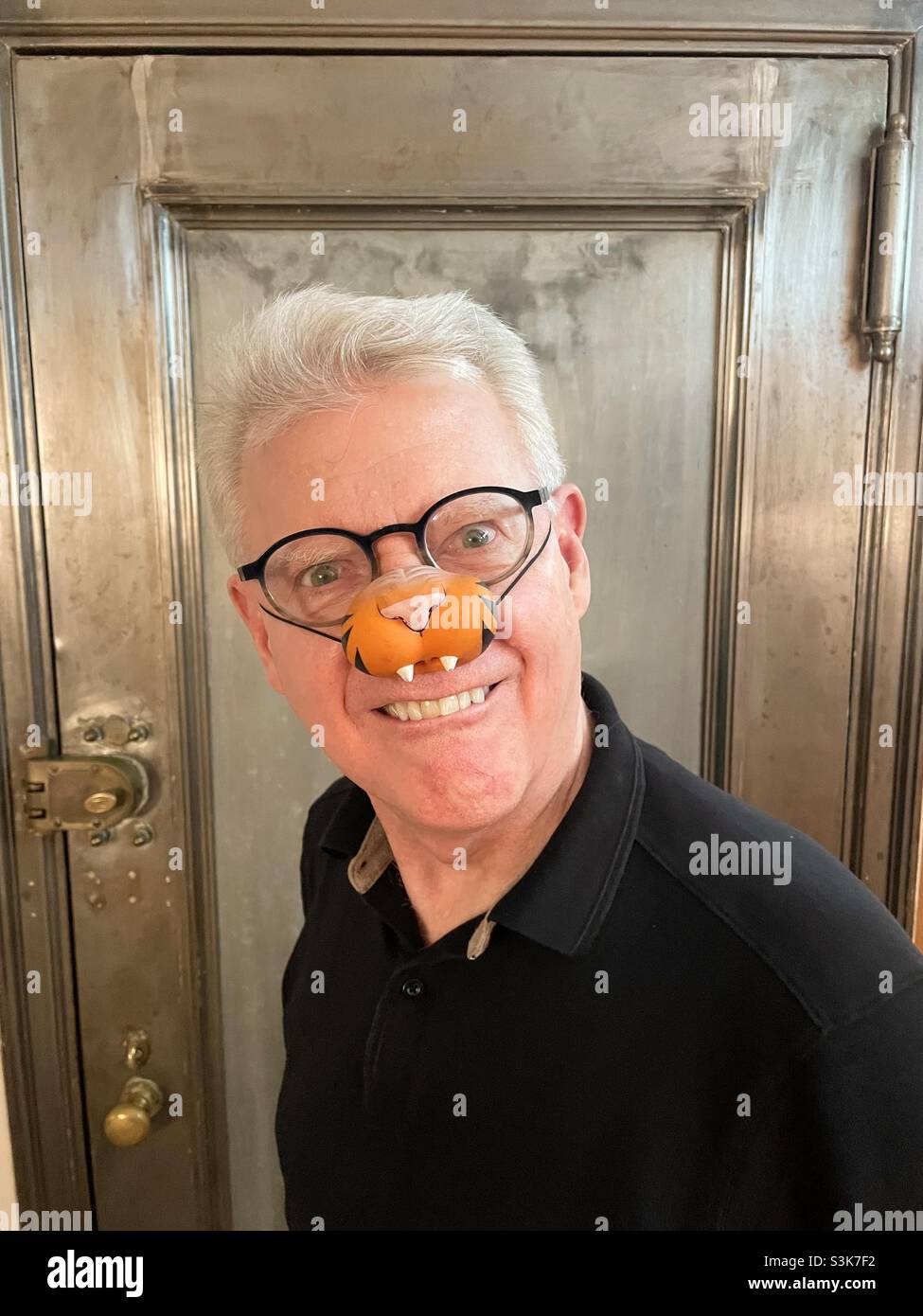 Ein Mann und eine Brille tragen eine Tiger-Nase - Smartphone-aufgenommenes Stockfoto