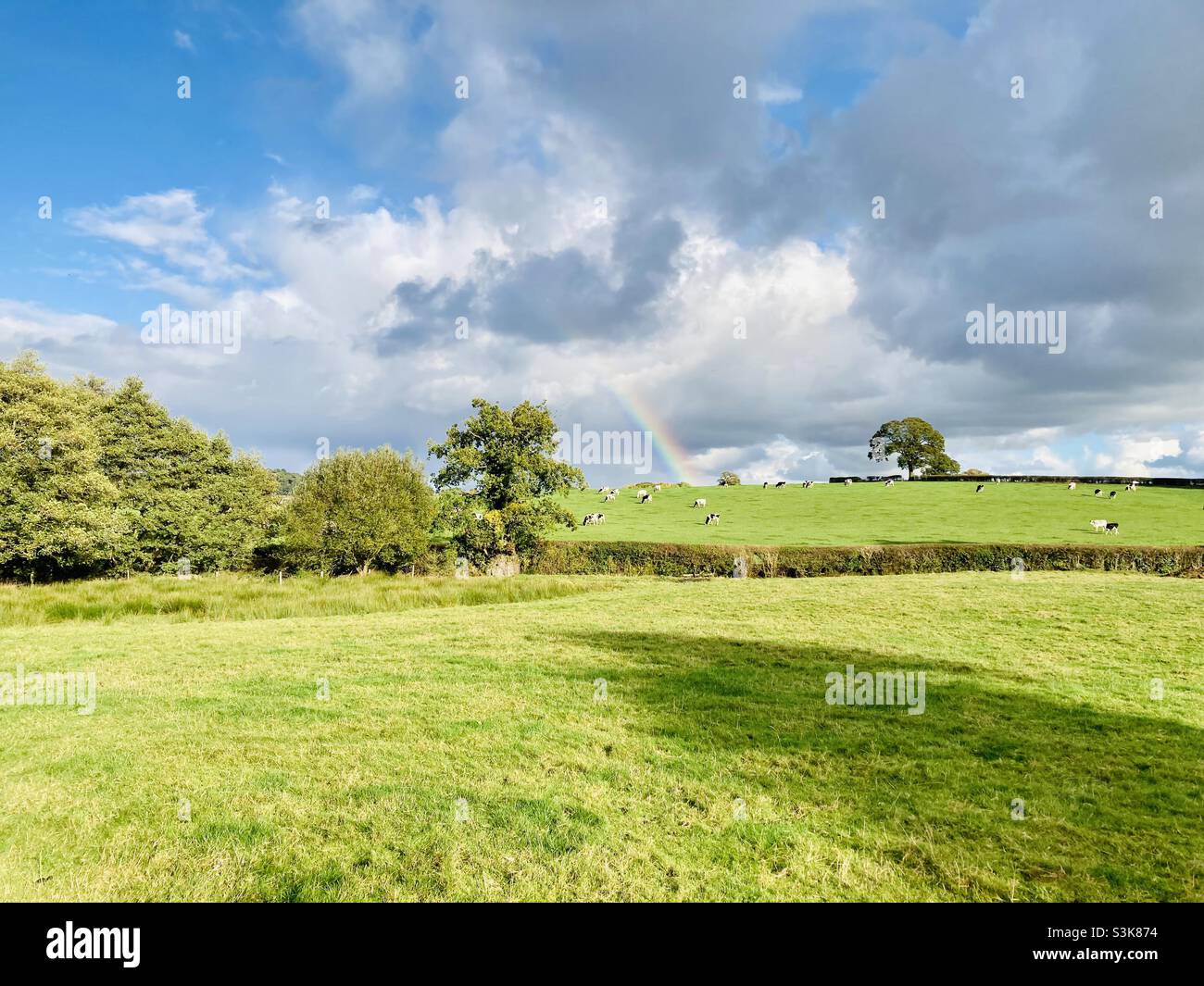 Wolkiger regnerischer Tag mit Regenbogen, wunderschöne Aussicht, Shropshire, Großbritannien Stockfoto