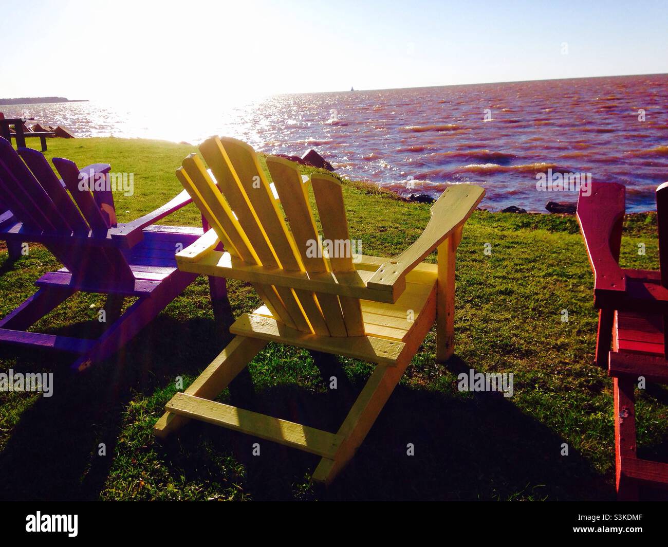 Adirondack-Stühle, rot-gelb und lila gestrichen, mit Blick auf den Hafen in einem kleinen Park mit Reflexen der Sonne vom Wasser Stockfoto