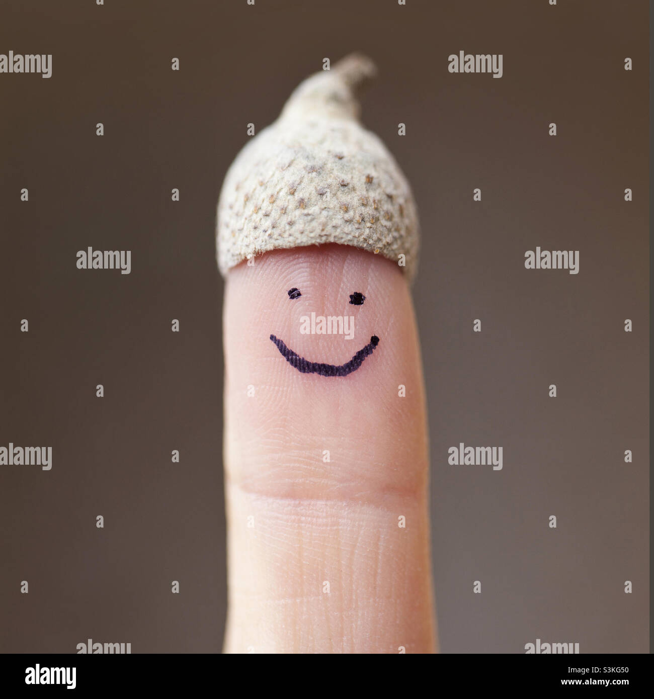Fallfinger. Lächelndes Gesicht, gemalt auf einen menschlichen Finger, der eine Eichelschale als Hut trägt Stockfoto