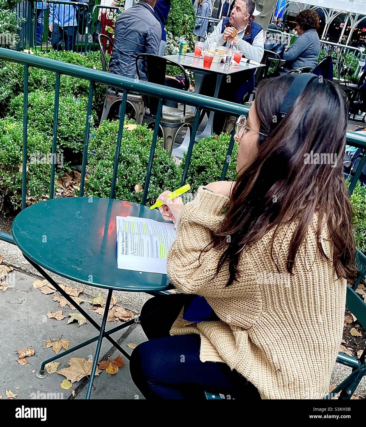 Junges Mädchen, das im Bryant Park in New York studiert Stockfoto