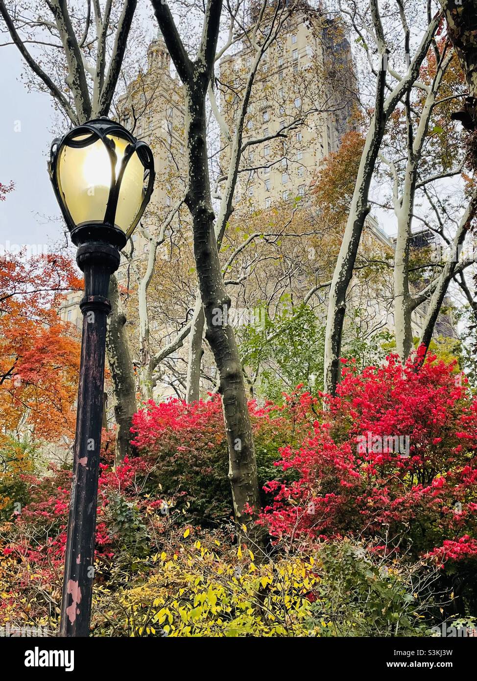 Ein alter Laternenpfosten im Central Park vor den leuchtenden Farben des Herbstlaubes mit Blick auf das historische Viertel des Central Park West in New York City - Smartphone-aufgenommenes Stockfoto