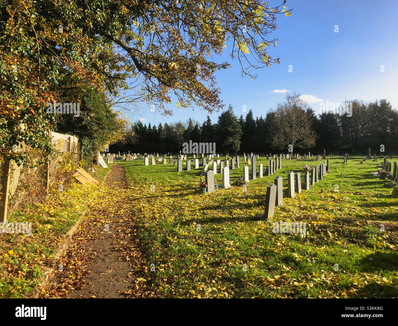 Grabsteine auf dem Friedhof der St. Michael’s Church in Tilehurst, Reading, Großbritannien. - Smartphone-aufgenommenes Stockfoto