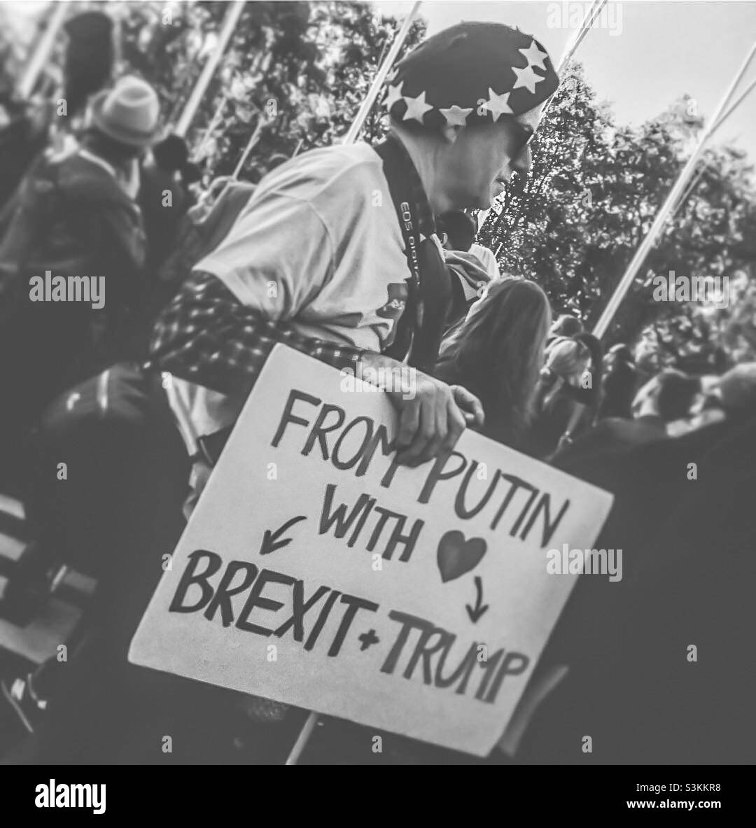 Ein Anti-Brexit-Protestler steht in der Menge und hält ein Zeichen, das den Brexit mit Putin & Trump verbindet - Okt 2018 Stockfoto
