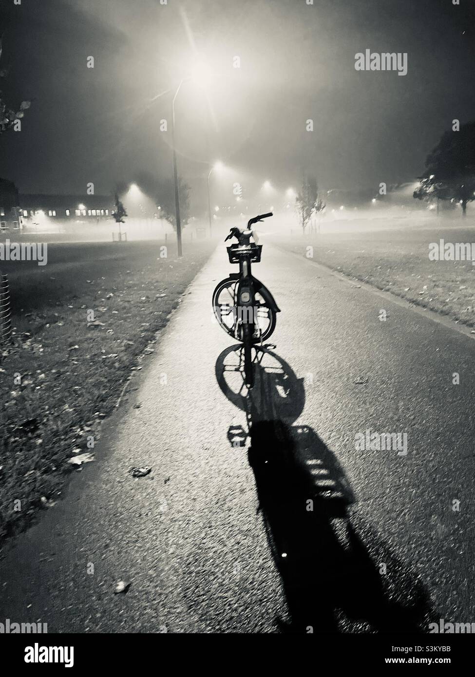 Leihen Sie sich ein Fahrrad links auf dem Fußweg im nebligen Londoner Park aus, das in Schwarz und Weiß gehalten ist Stockfoto