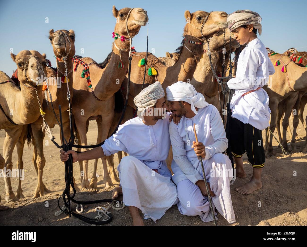 Gruß mit der Nase beim Camel Festival, Oman Stockfoto