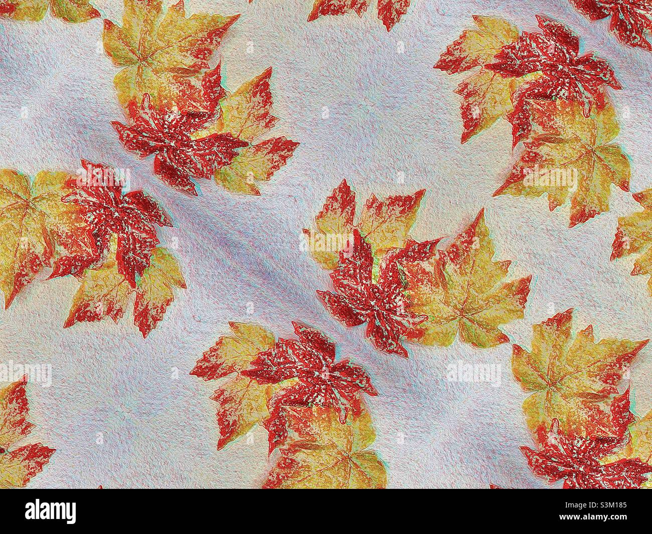 Ein Trio von Herbstblättern wurde fragmentiert, was ihnen einen Prismeneffekt verleiht. Macht einen schönen saisonalen Abstract. - Smartphone-aufgenommenes Stockfoto