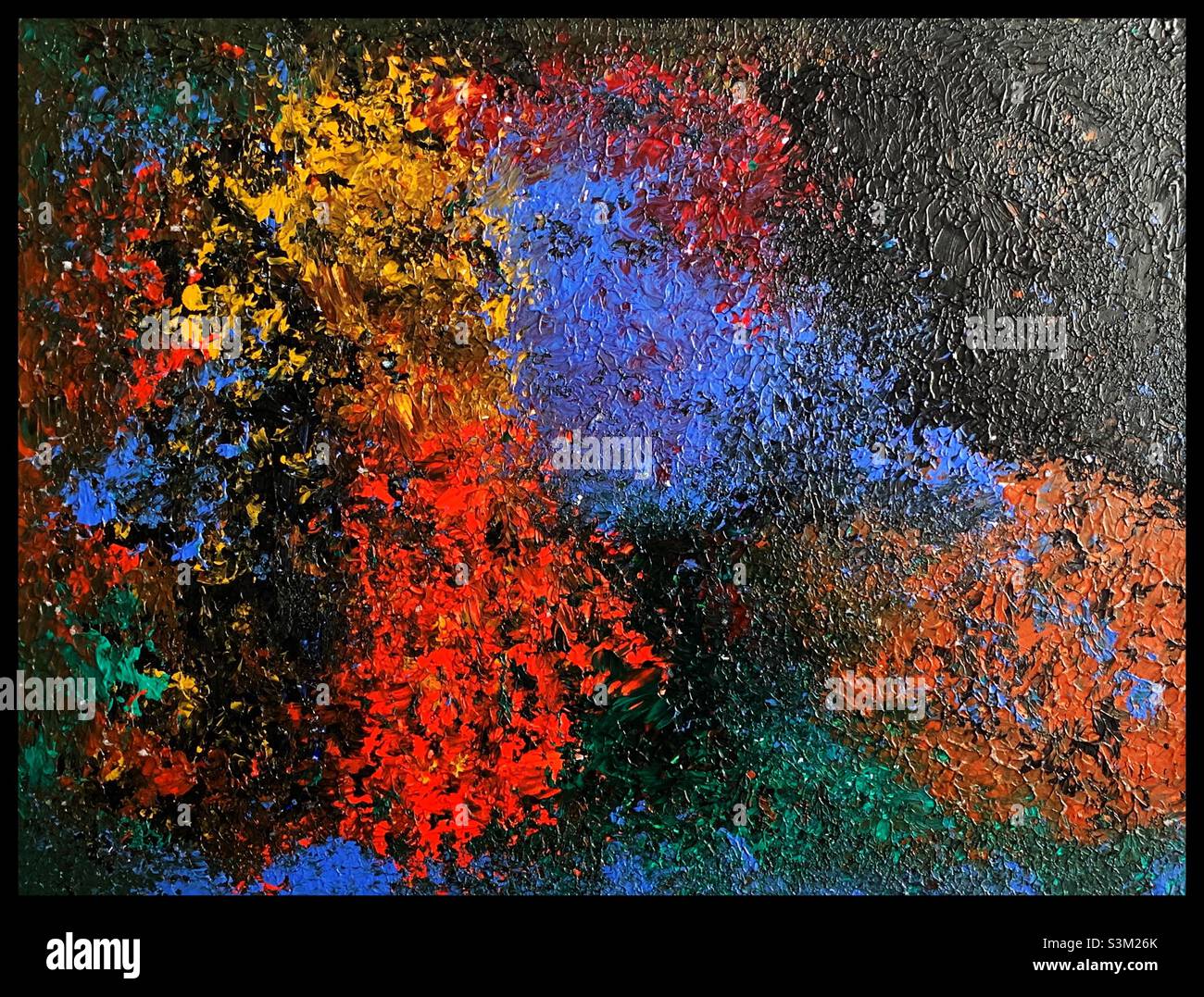 Abstrakte Kunst (Mein Gemälde), gerahmt. - Smartphone-aufgenommenes Stockfoto