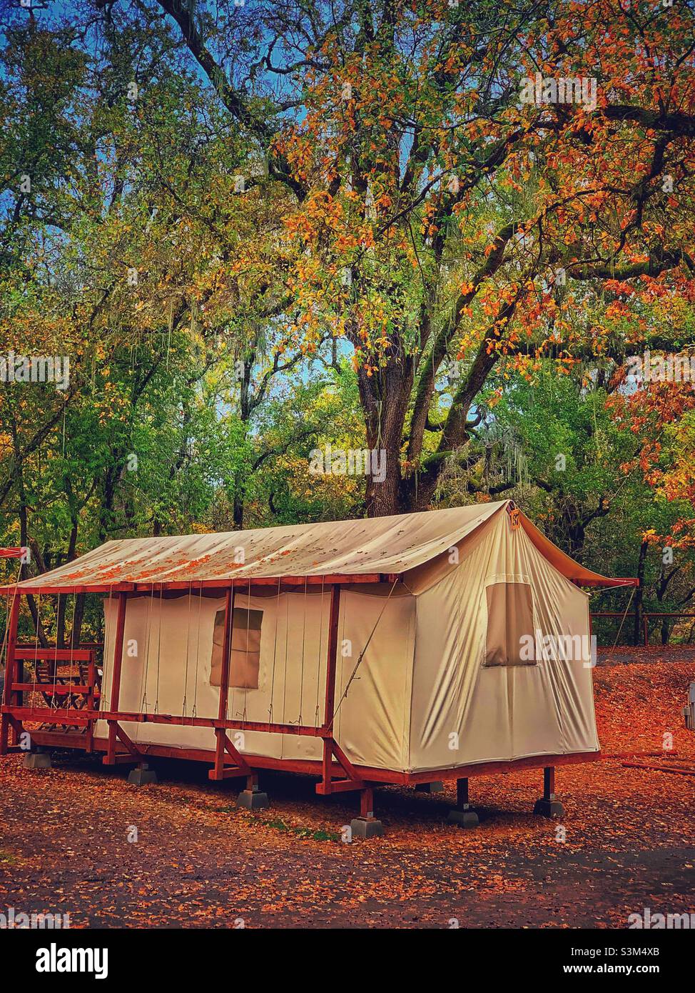 Zeltlager bei Herbstwetter Stockfoto