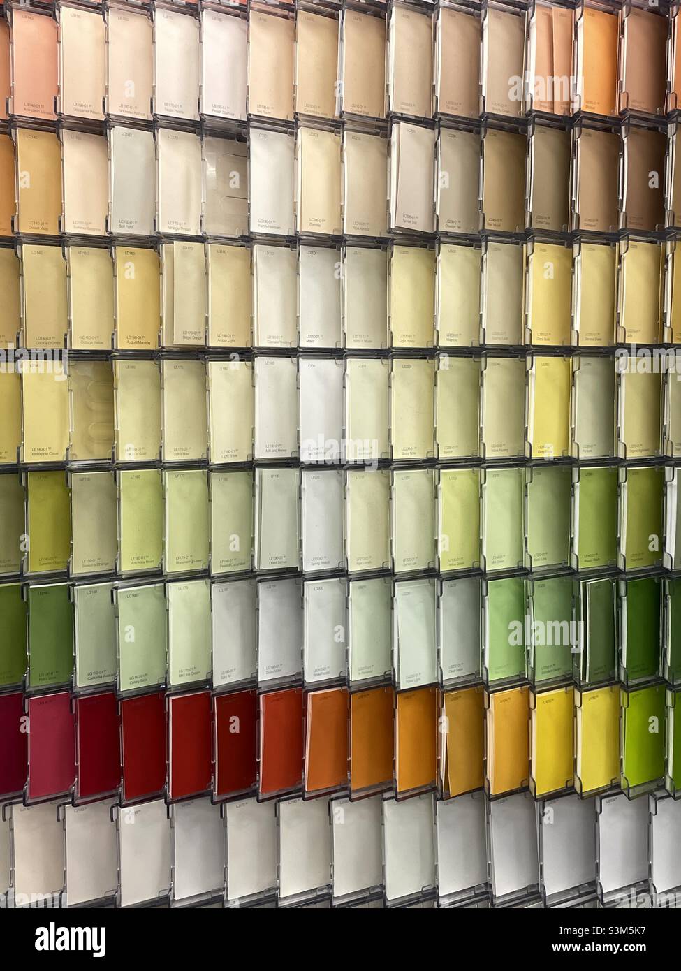 Reihen und Reihen von Farbmustern, die in einem lokalen Walmart in der Lackierabteilung ausgestellt werden, um Kunden bei der Auswahl der richtigen Farbe für ihr Malprojekt zu unterstützen. Stockfoto