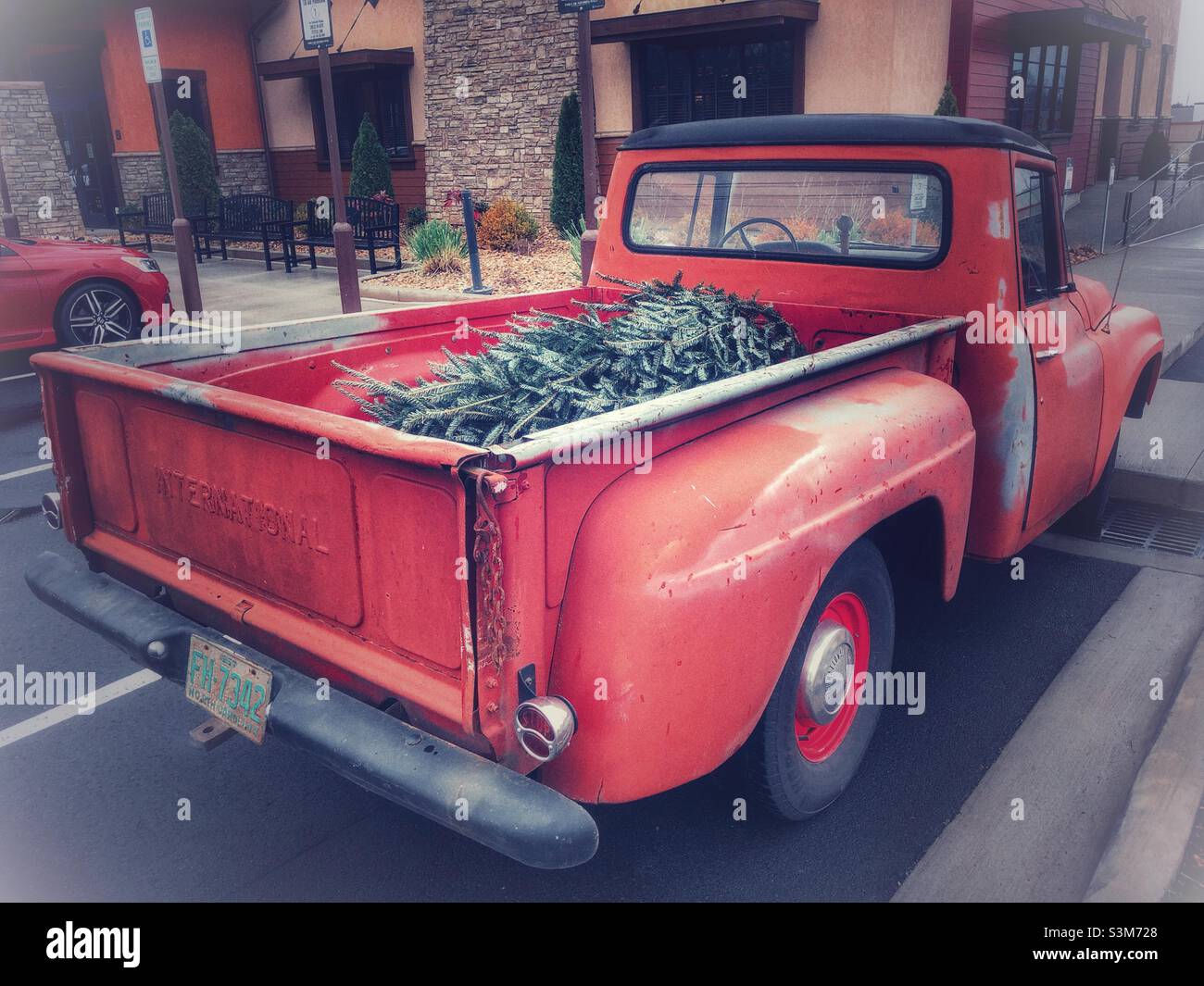 Alte Pickup mit Weihnachtsbaum Stockfoto