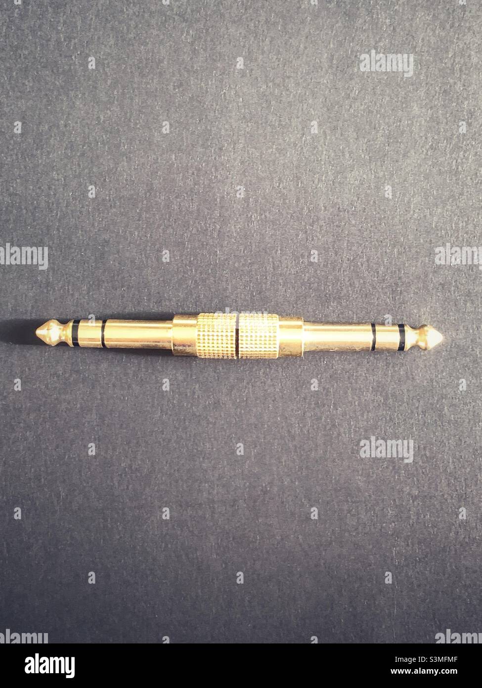 Stereo-Audio-Adapter mit Stecker und Buchse. Stockfoto