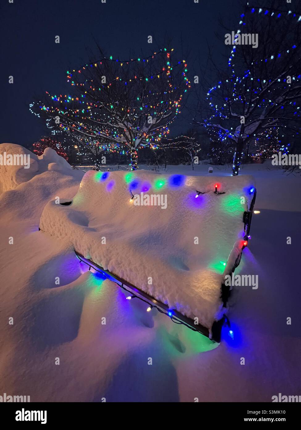 Schneebedeckte Parkbank mit bunten Weihnachtslichtern Stockfoto