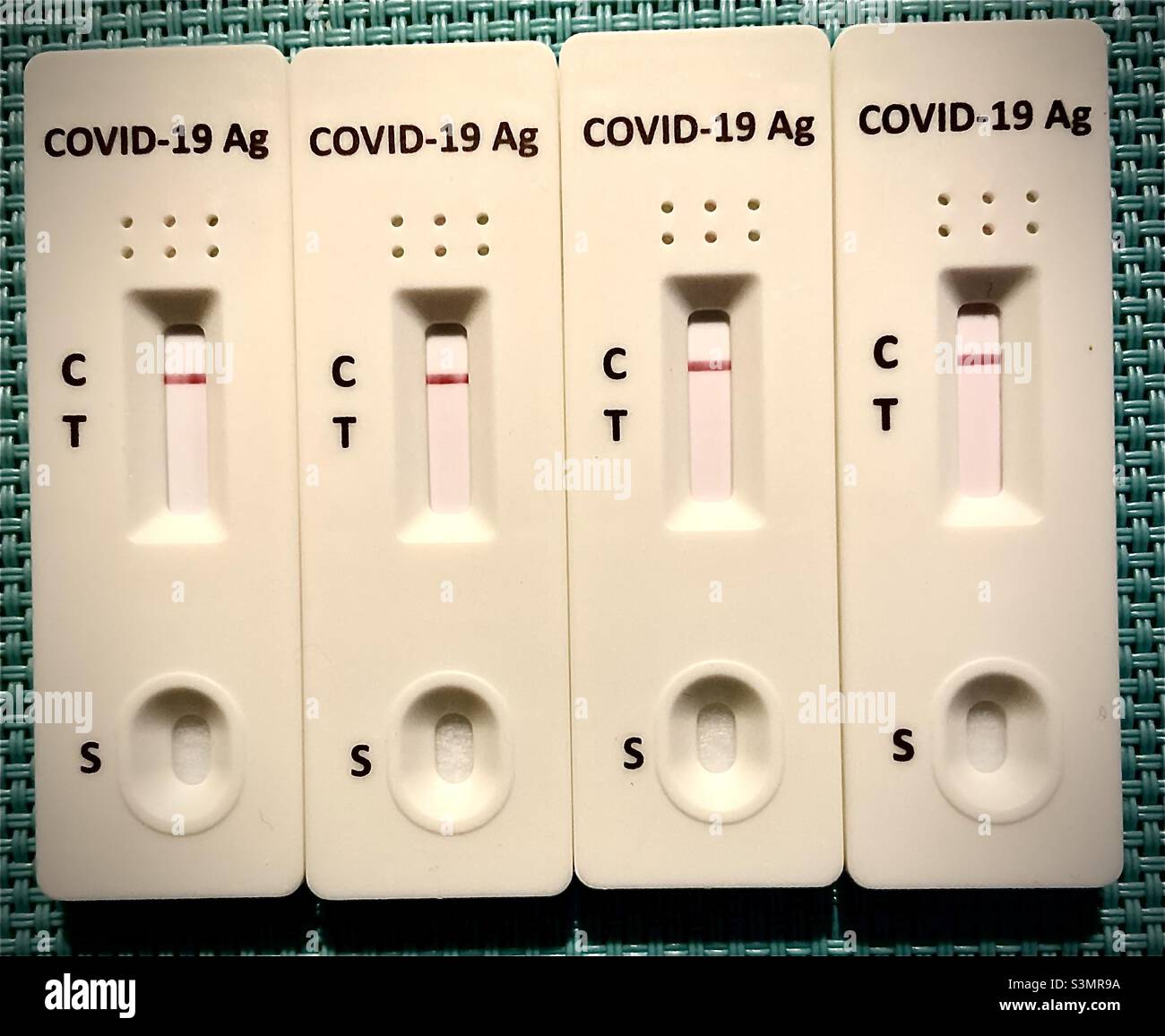 Ganze Familie negativ Covid-19 AG Test ! - Smartphone-aufgenommenes Stockfoto