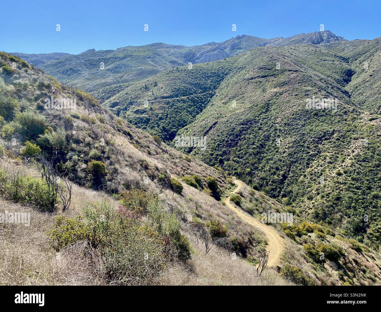 Blick über die Santa Monica Mountains im Point Mugu State Park, Kalifornien, an einem klaren, sonnigen Tag mit gut sichtbaren gewundenen Pfaden Stockfoto