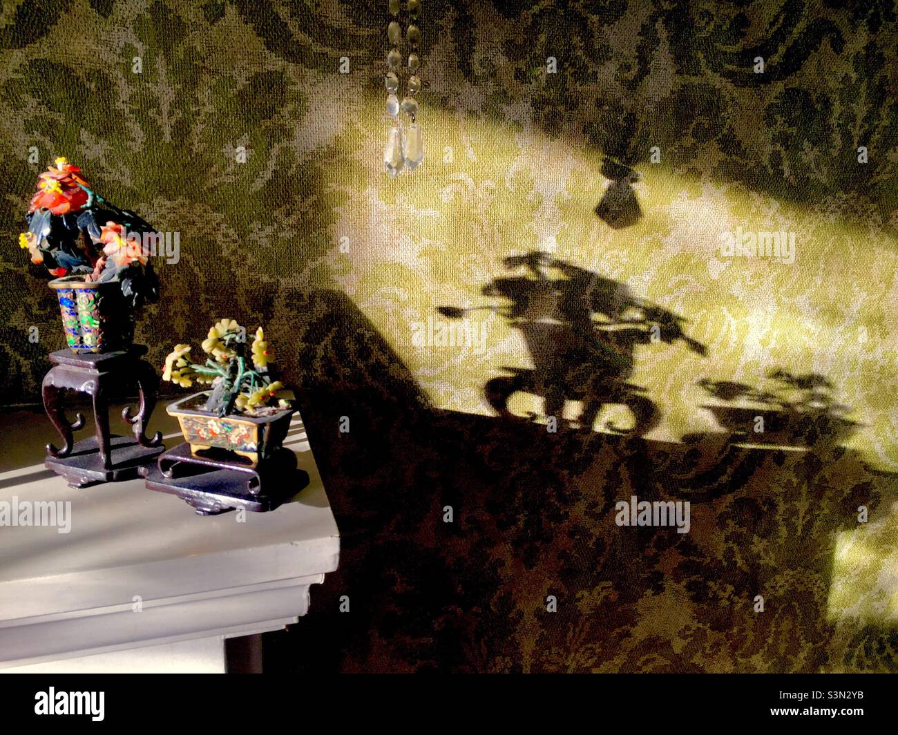 Jade-Objekte erzeugen auf Vintage-Tapeten mit klassischem, floralem Design künstlerische Schatten. Spiel von Licht und Schatten. Inneneinrichtung. Stockfoto