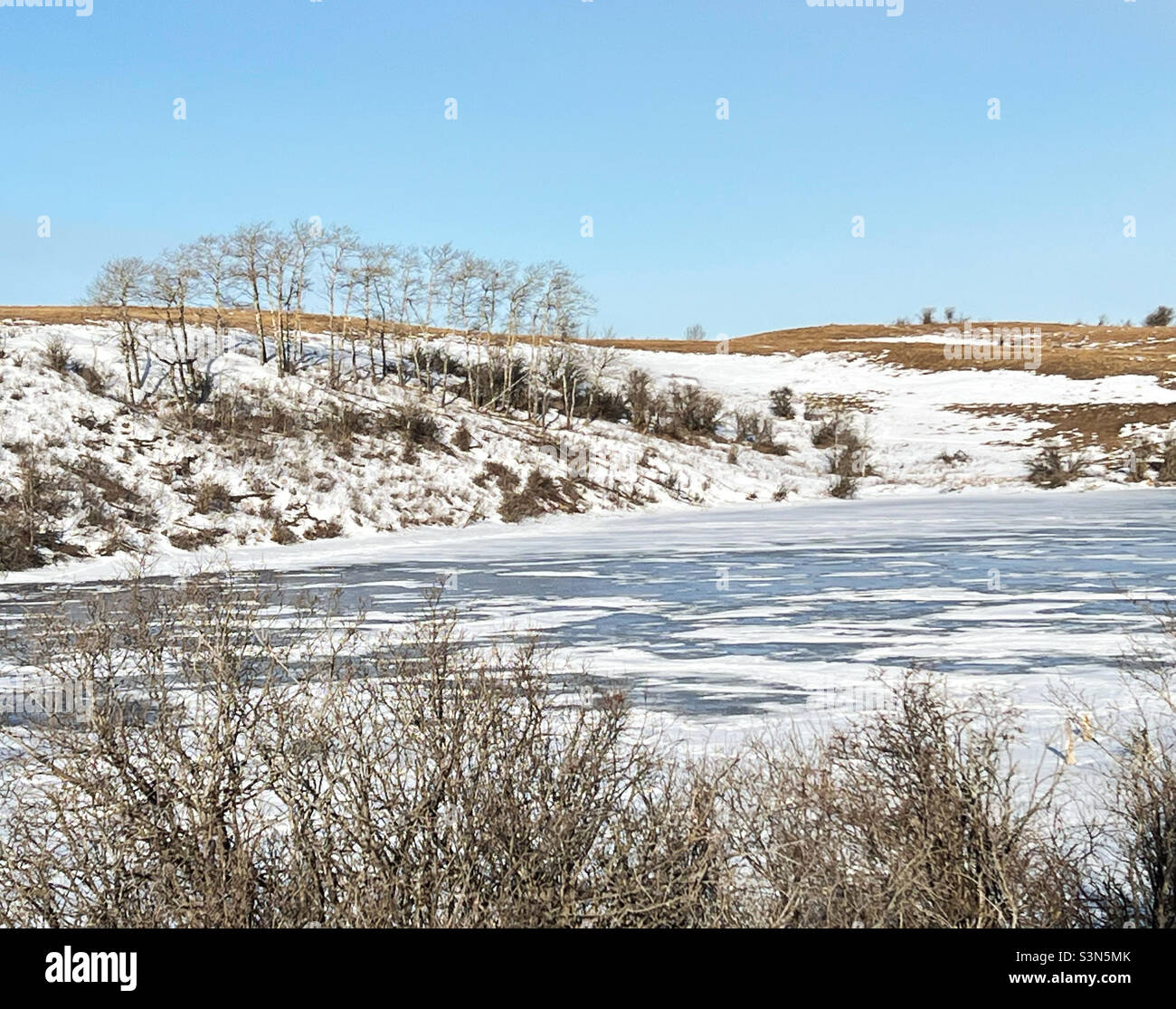 Teich teilweise mit Schnee bedeckt, beginnt nach einer Zeit des milden Wetters zu schmelzen. Foothills, in der Nähe von Calgary, Alberta, Kanada. - Smartphone-aufgenommenes Stockfoto