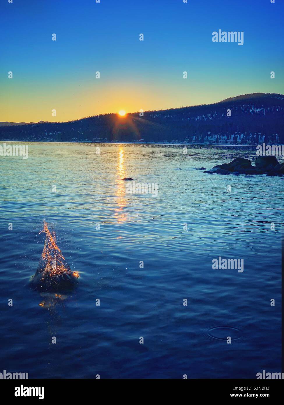 Planschen Sie für einen Tropfen im See gegen einen Sonnenuntergang Stockfoto