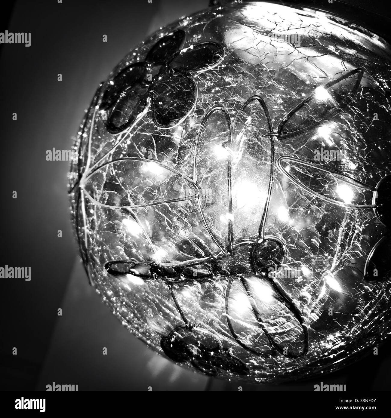 Eine schwarz-weiße Aufnahme einer beleuchteten Gartenleuchte. Das Licht ist rund mit einem Blumen- und Libellen-Design. - Smartphone-aufgenommenes Stockfoto