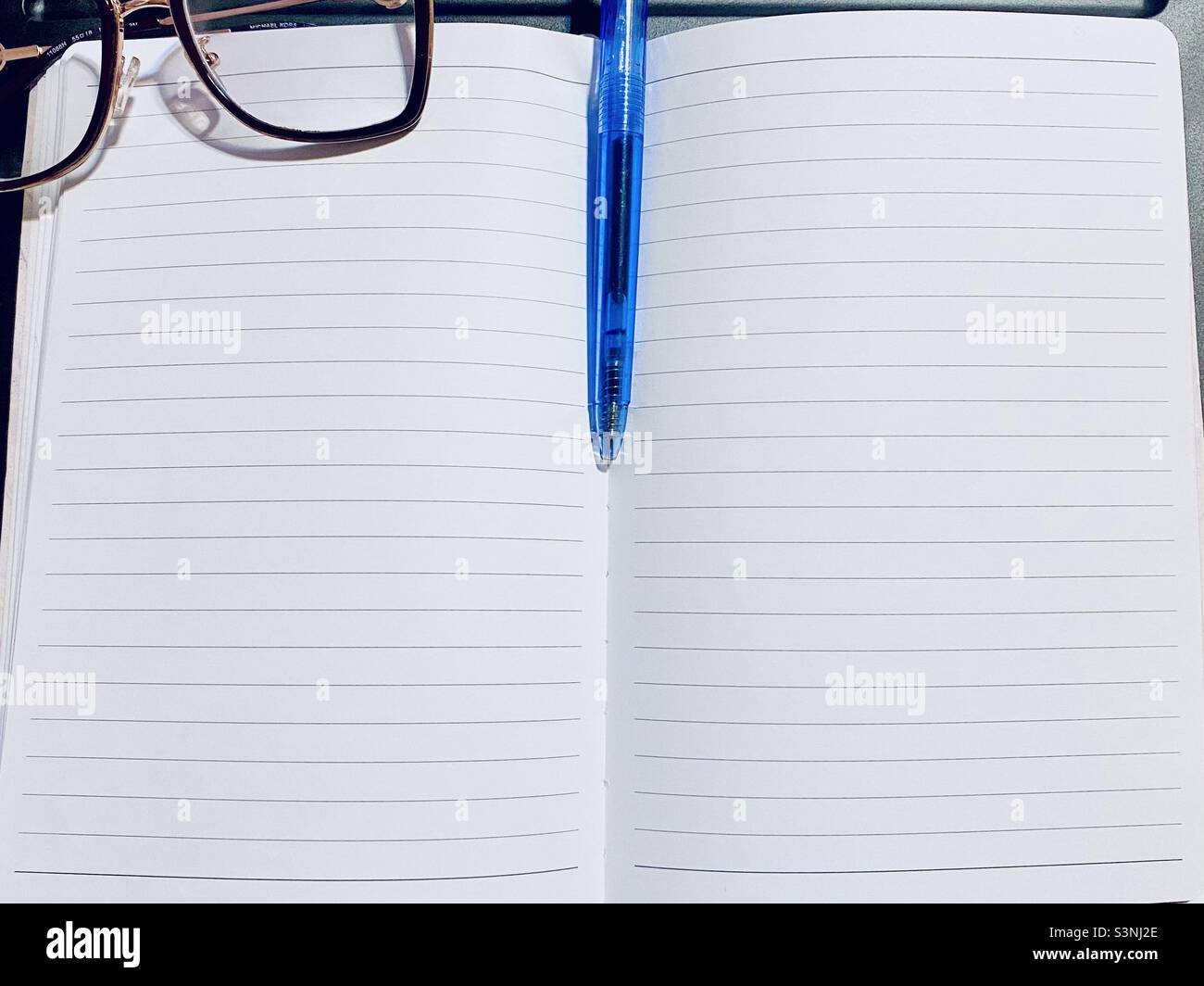 Offenes Notizbuch mit blauem Tintenstift und Brille, leere Seiten, flaches Lay, Schreiben, erste Schritte; Kreativer Prozess, Buch öffnen Stockfoto