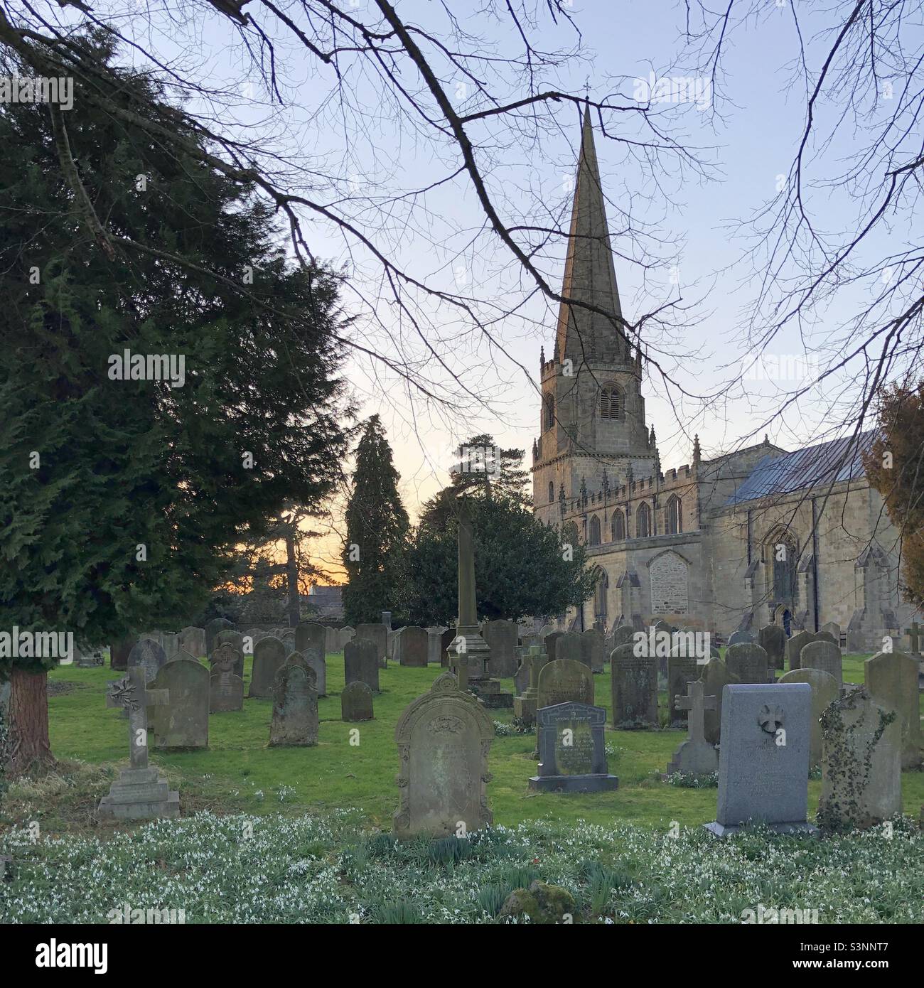 St Mary's Church mit Schneeglöckchen in der Abenddämmerung, Masham, North Yorkshire, England, Vereinigtes Königreich - Smartphone-aufgenommenes Stockfoto