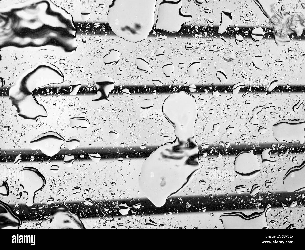 Regen fällt auf das Sonnendach eines Autos - Smartphone-aufgenommenes Stockfoto