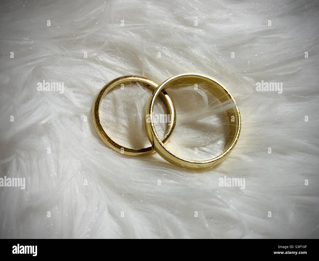 Hochzeitsbänder vor weißem Hintergrund Stockfoto