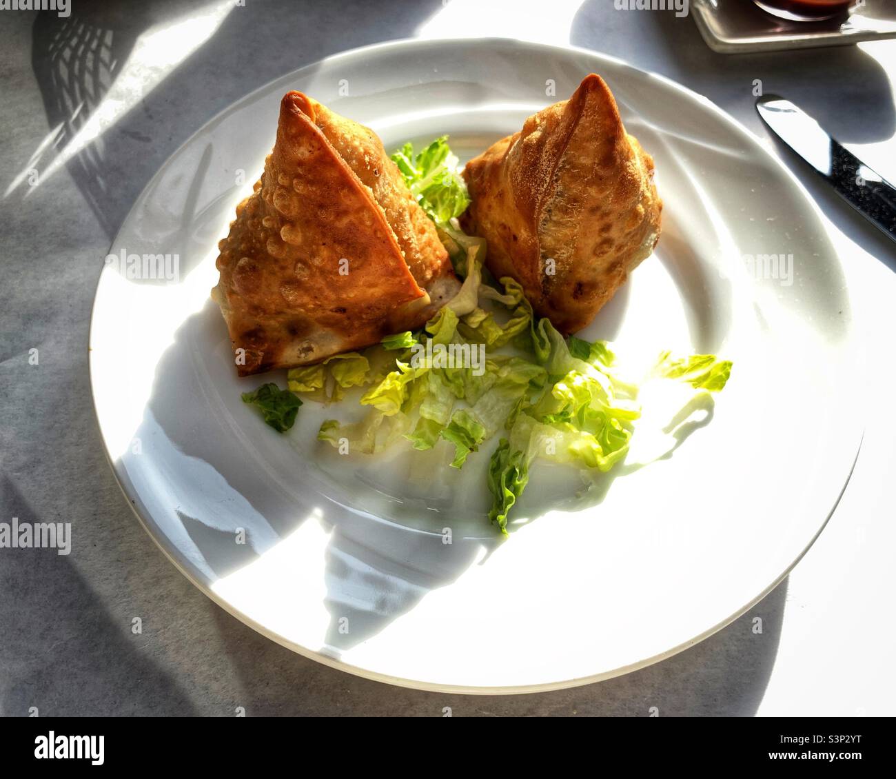 Zwei Gemüse Samosa gegen weißen Teller Stockfoto