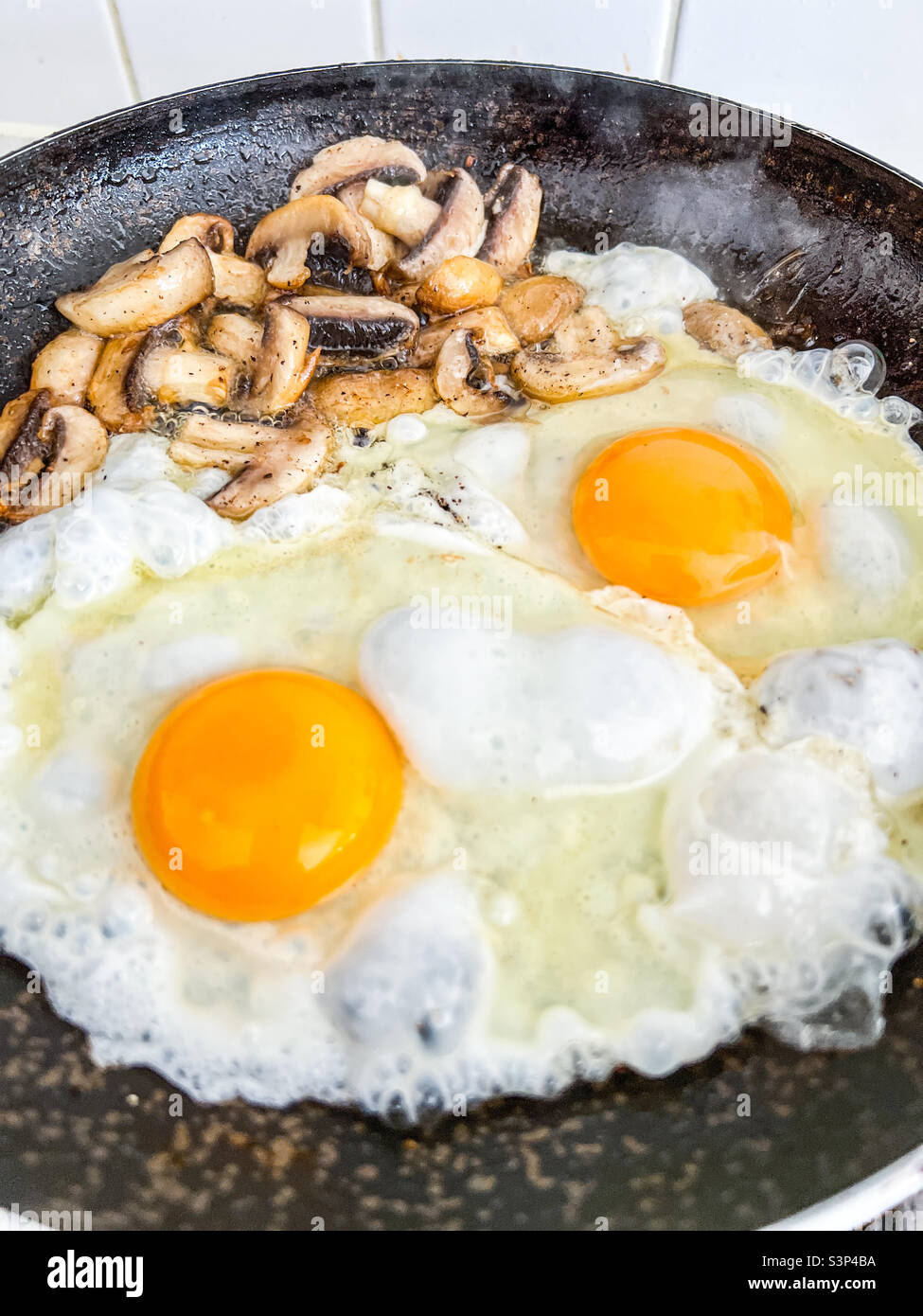 Eier und Pilze in einer Pfanne Stockfoto