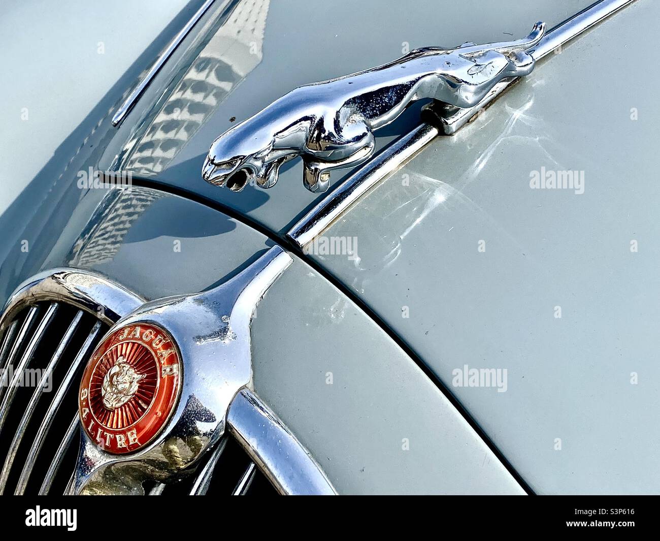 Jaguar Motorhaube Emblem - Smartphone-aufgenommenes Stockfoto