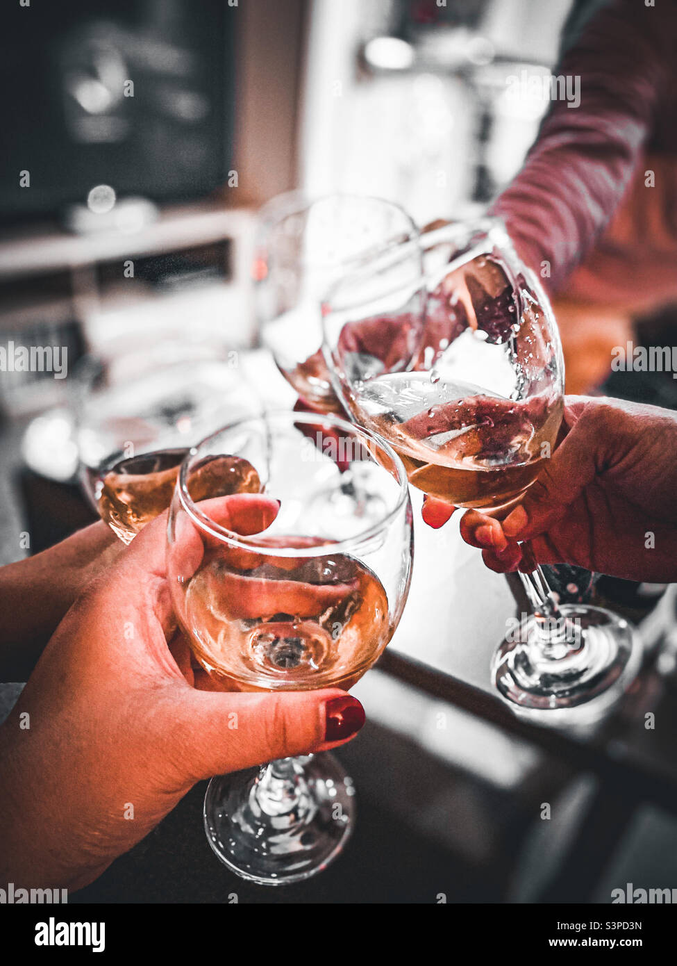 Freunde trinken zusammen Wein. Stockfoto