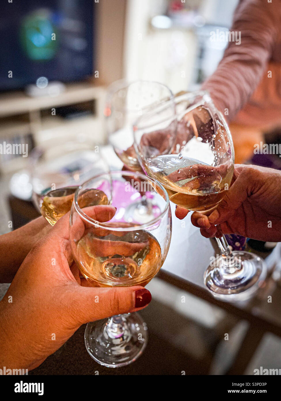 Freunde trinken zusammen Wein. Stockfoto