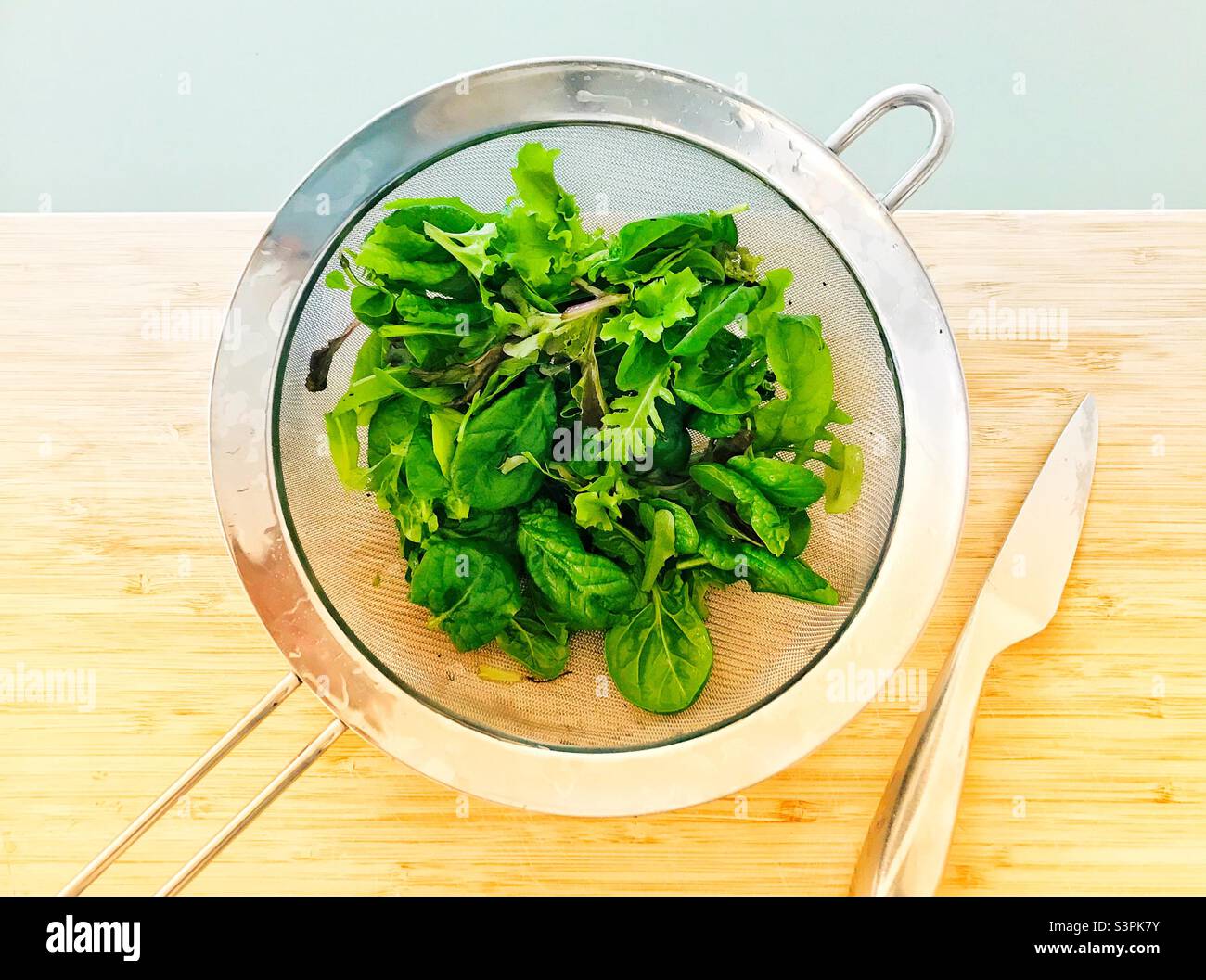 Der hausgemachte Salat im Sieb - gewaschen und fertig zum Essen. Stockfoto