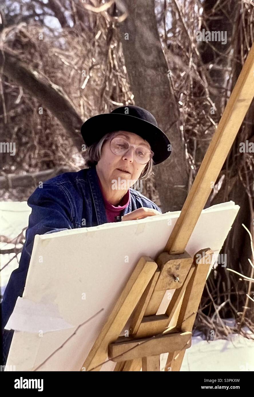 Senior Frau Künstler im Freien Landschaftsmalerei an verschneiten Tag Massachusetts Stockfoto