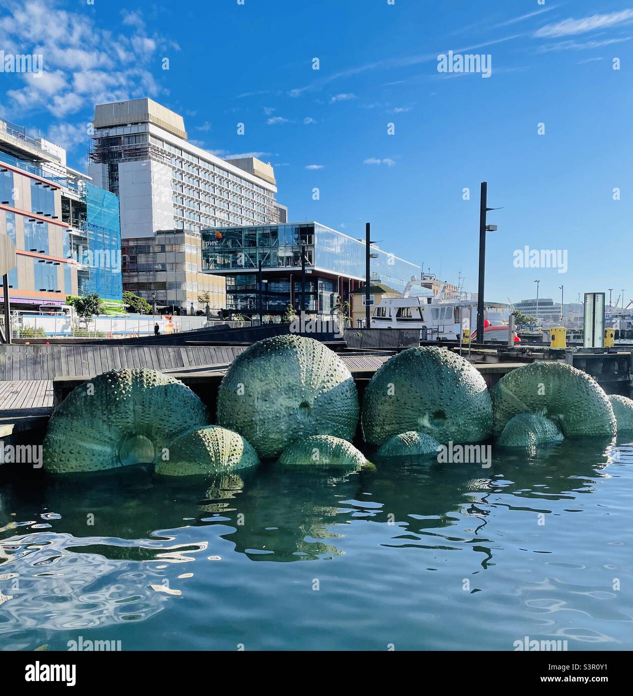 Wellington Waterfront mit Seeigel-Skulptur von Michel Tuffery Stockfoto