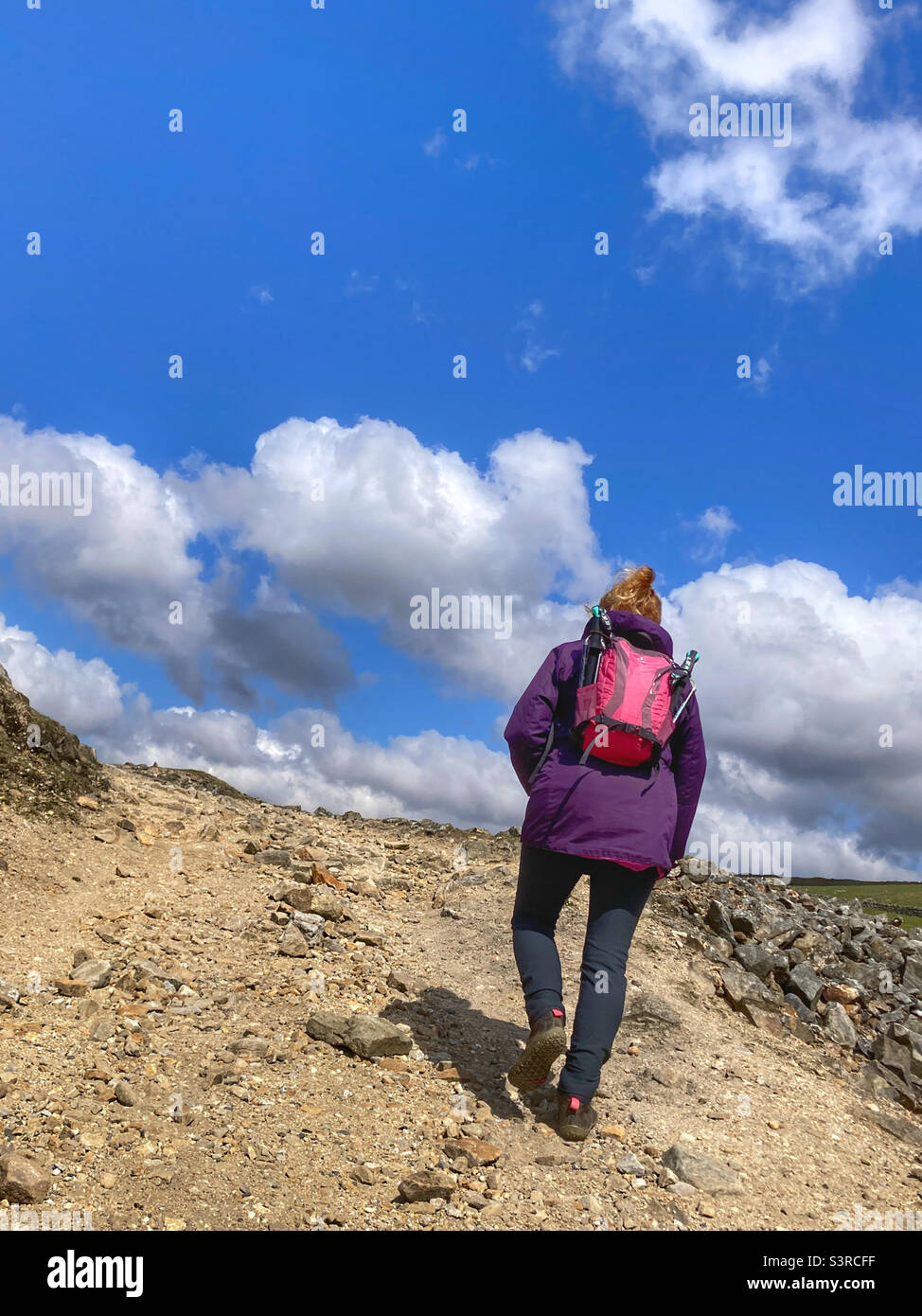 Frau beim Wandern in den Yorkshire Dales Stockfoto