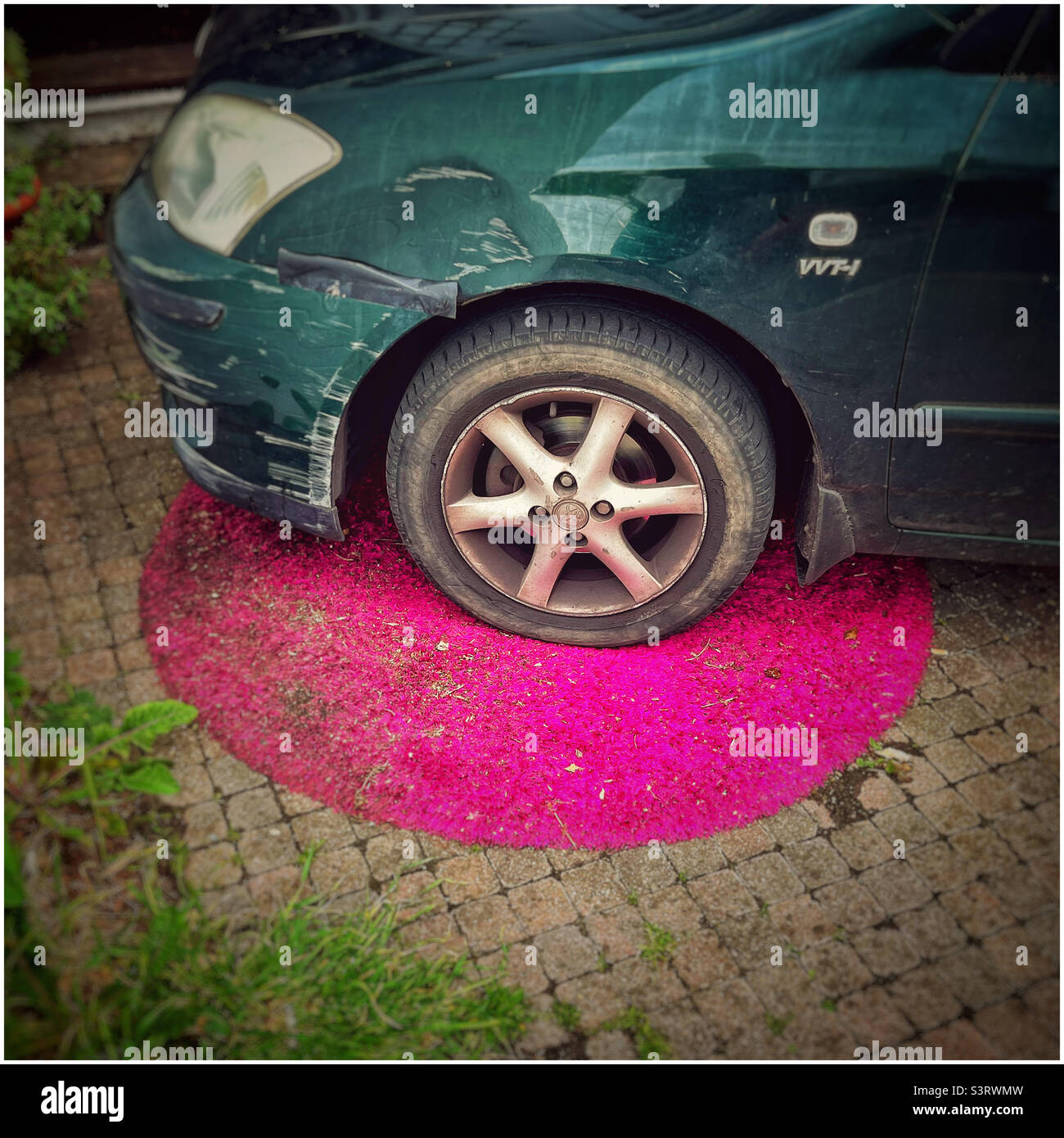 Das Auto stand auf einem violetten Teppich Stockfoto
