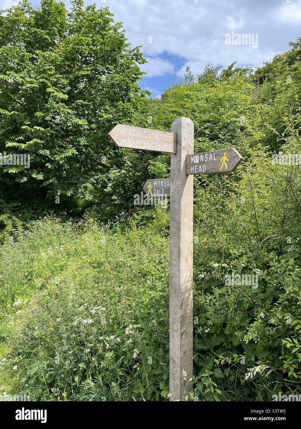 Wegweiser am Monsal Dale im Peak District Stockfoto