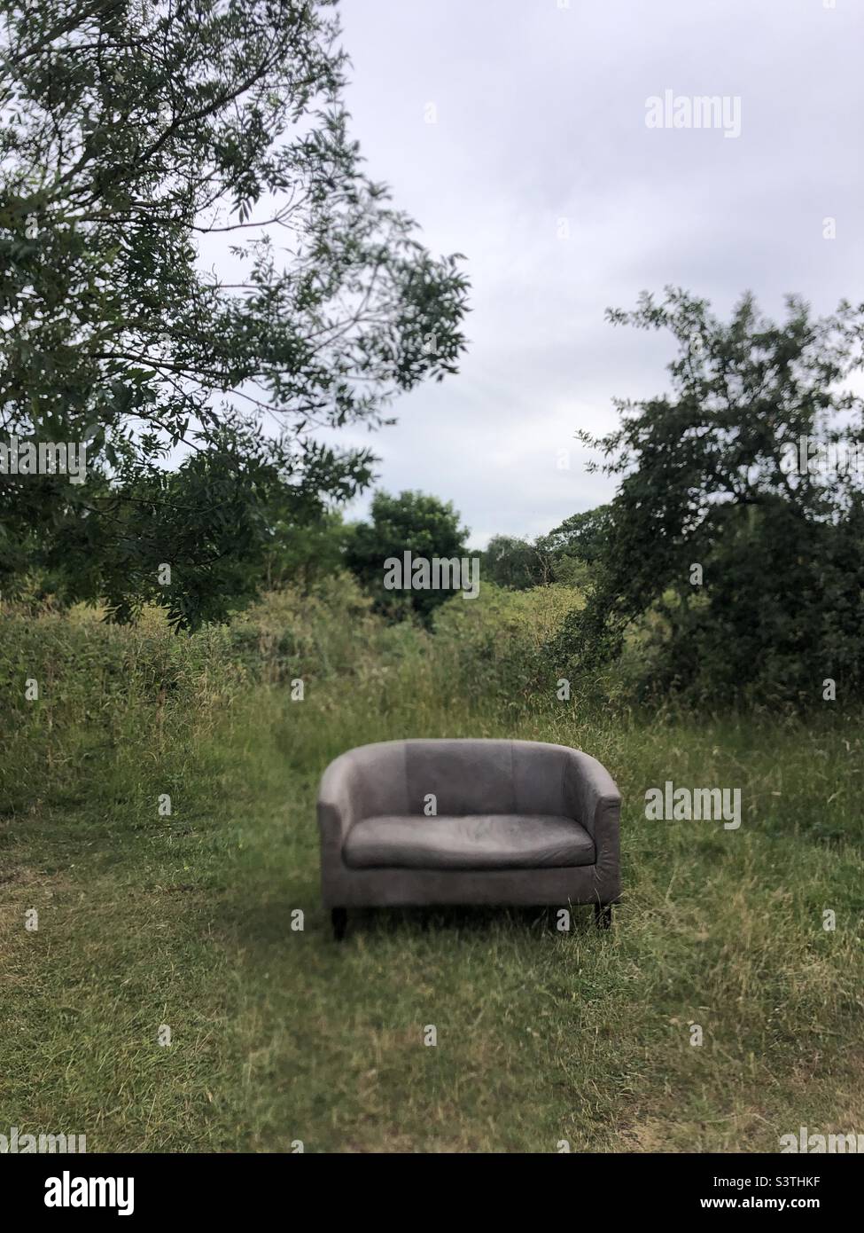 Sofa in einem grünen Feld gelassen - Smartphone-aufgenommenes Stockfoto