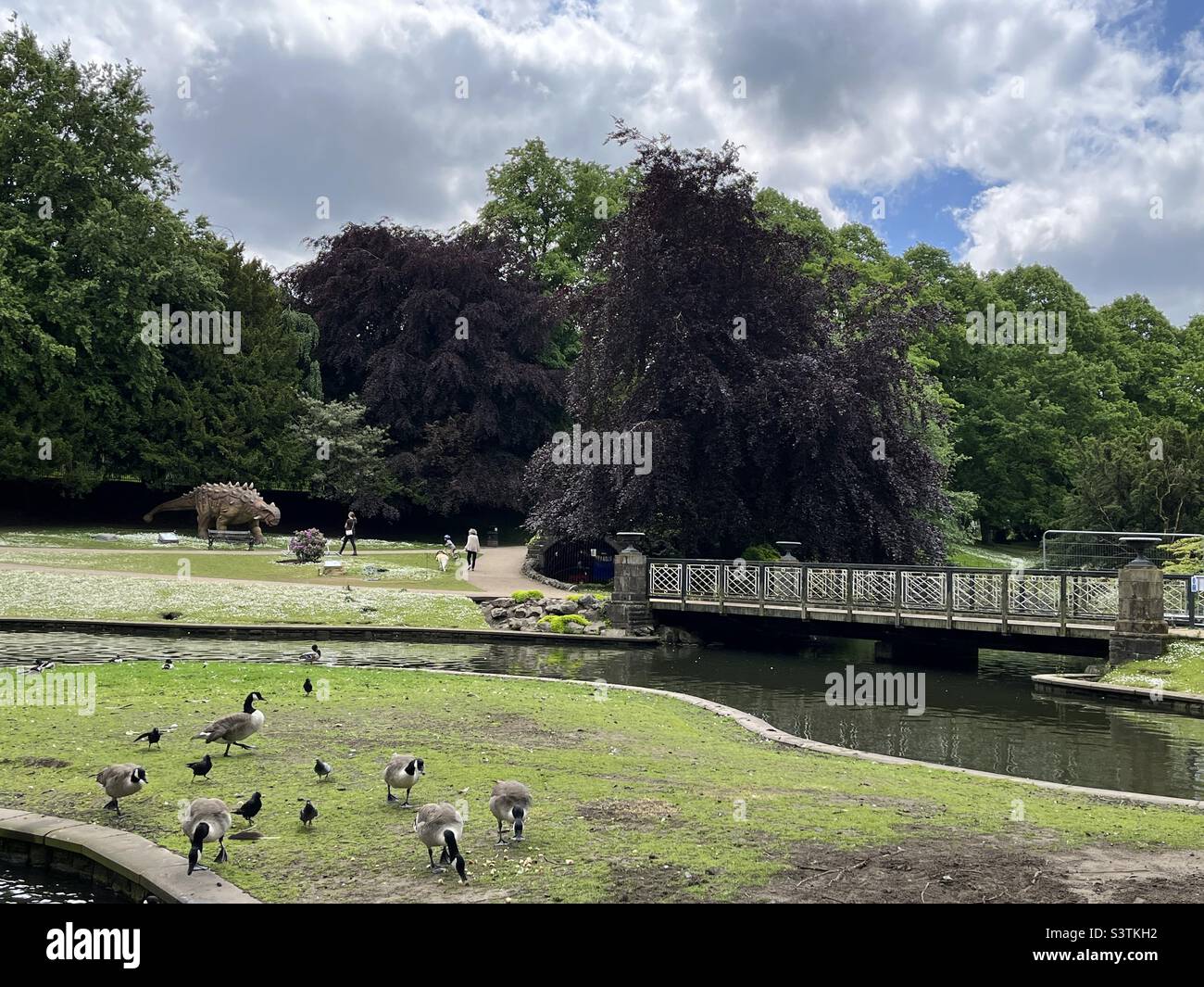 Die Pavilion Gardens in Buxton mit Dinosaurierausstellung im Hintergrund Stockfoto