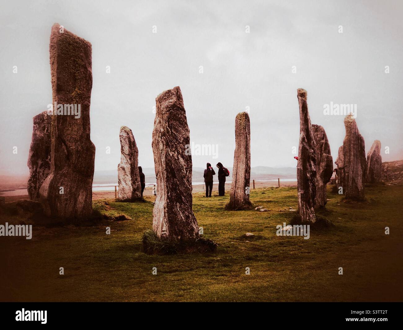 Callanish Stones an einem bewölkten regnerischen Tag, Isle of Lewis, Schottland Stockfoto