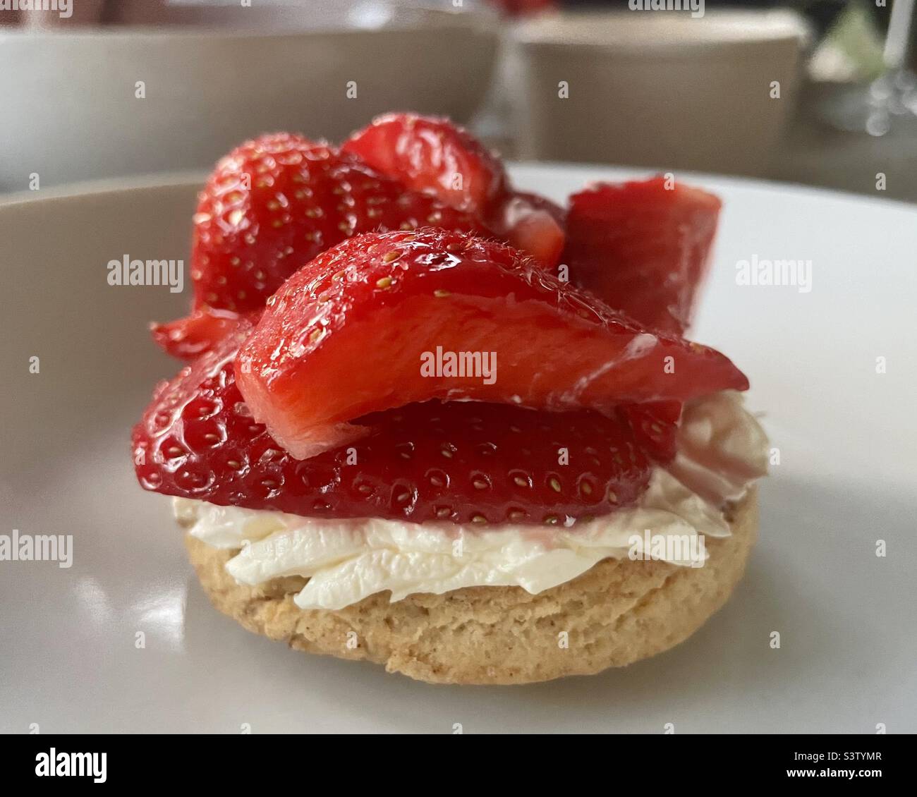 Erdbeer-Shortcake auf einem Teller Stockfoto